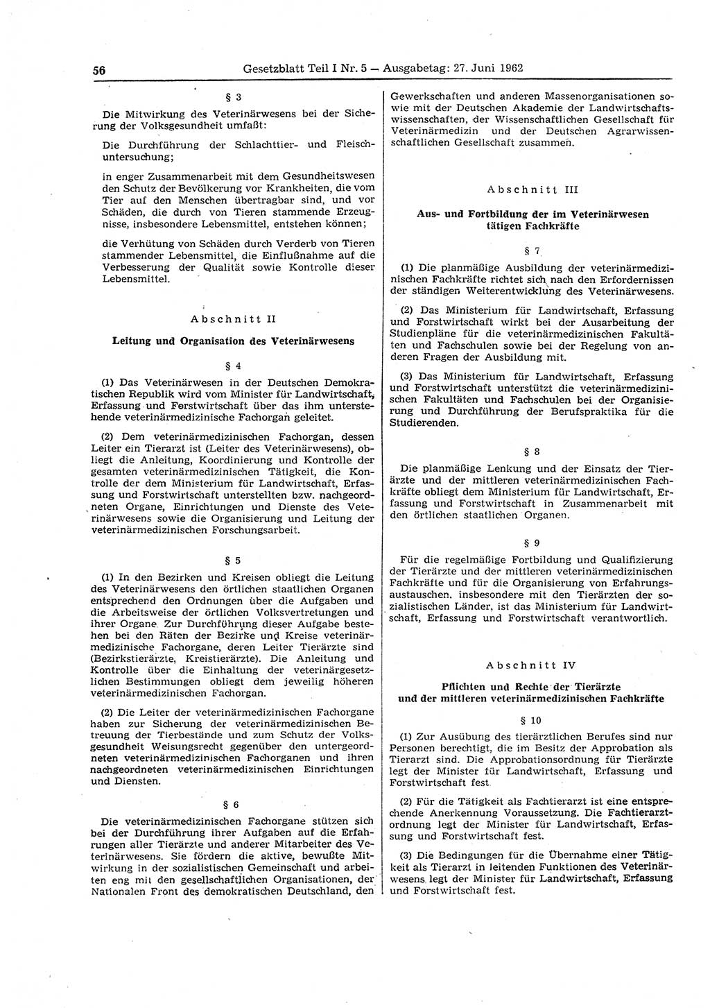 Gesetzblatt (GBl.) der Deutschen Demokratischen Republik (DDR) Teil Ⅰ 1962, Seite 56 (GBl. DDR Ⅰ 1962, S. 56)