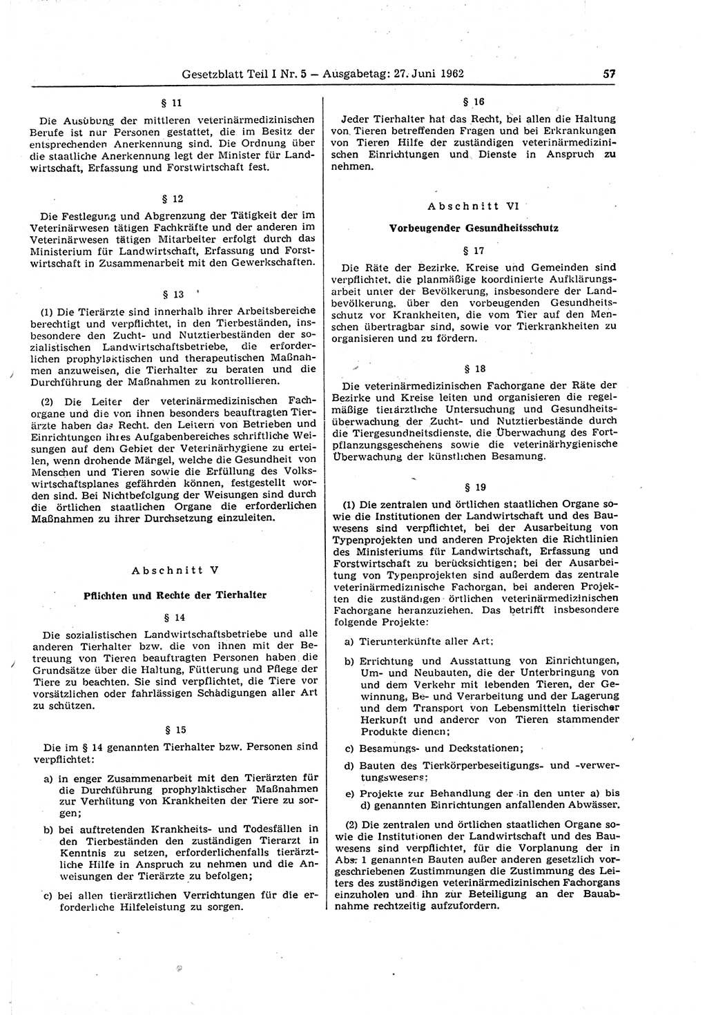 Gesetzblatt (GBl.) der Deutschen Demokratischen Republik (DDR) Teil Ⅰ 1962, Seite 57 (GBl. DDR Ⅰ 1962, S. 57)