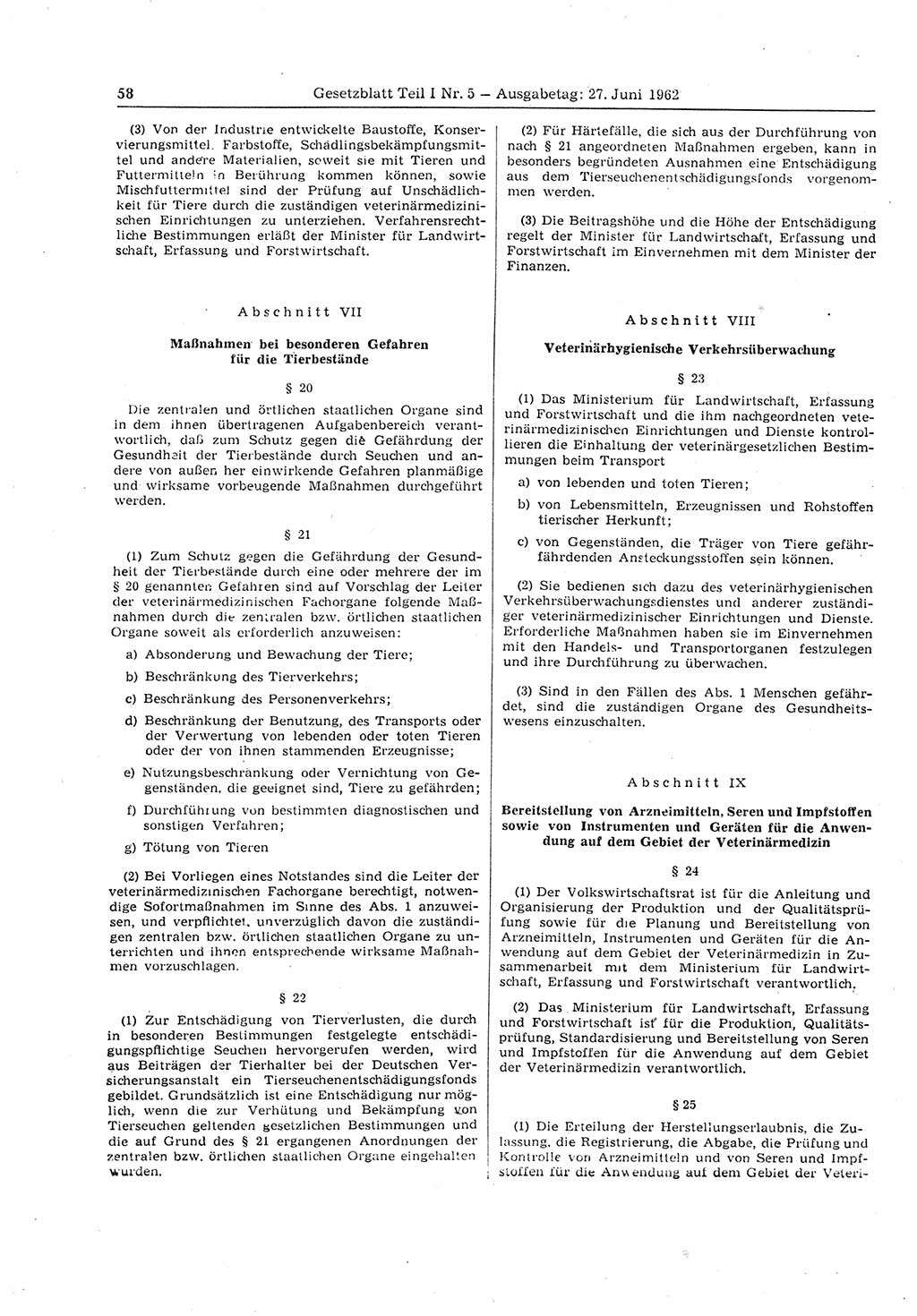 Gesetzblatt (GBl.) der Deutschen Demokratischen Republik (DDR) Teil Ⅰ 1962, Seite 58 (GBl. DDR Ⅰ 1962, S. 58)