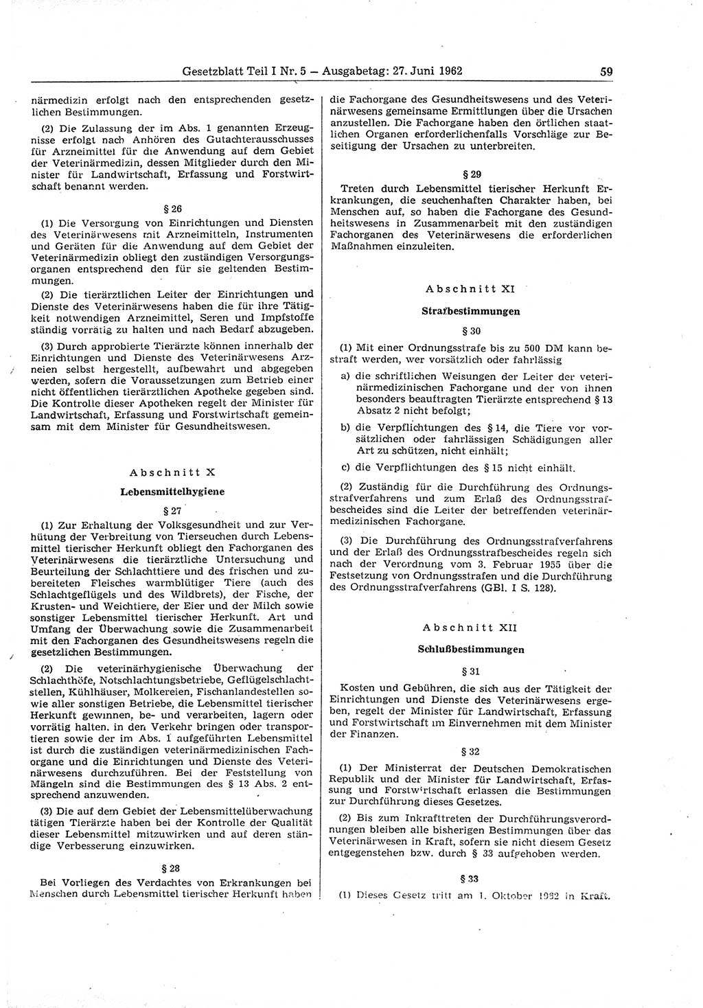 Gesetzblatt (GBl.) der Deutschen Demokratischen Republik (DDR) Teil Ⅰ 1962, Seite 59 (GBl. DDR Ⅰ 1962, S. 59)
