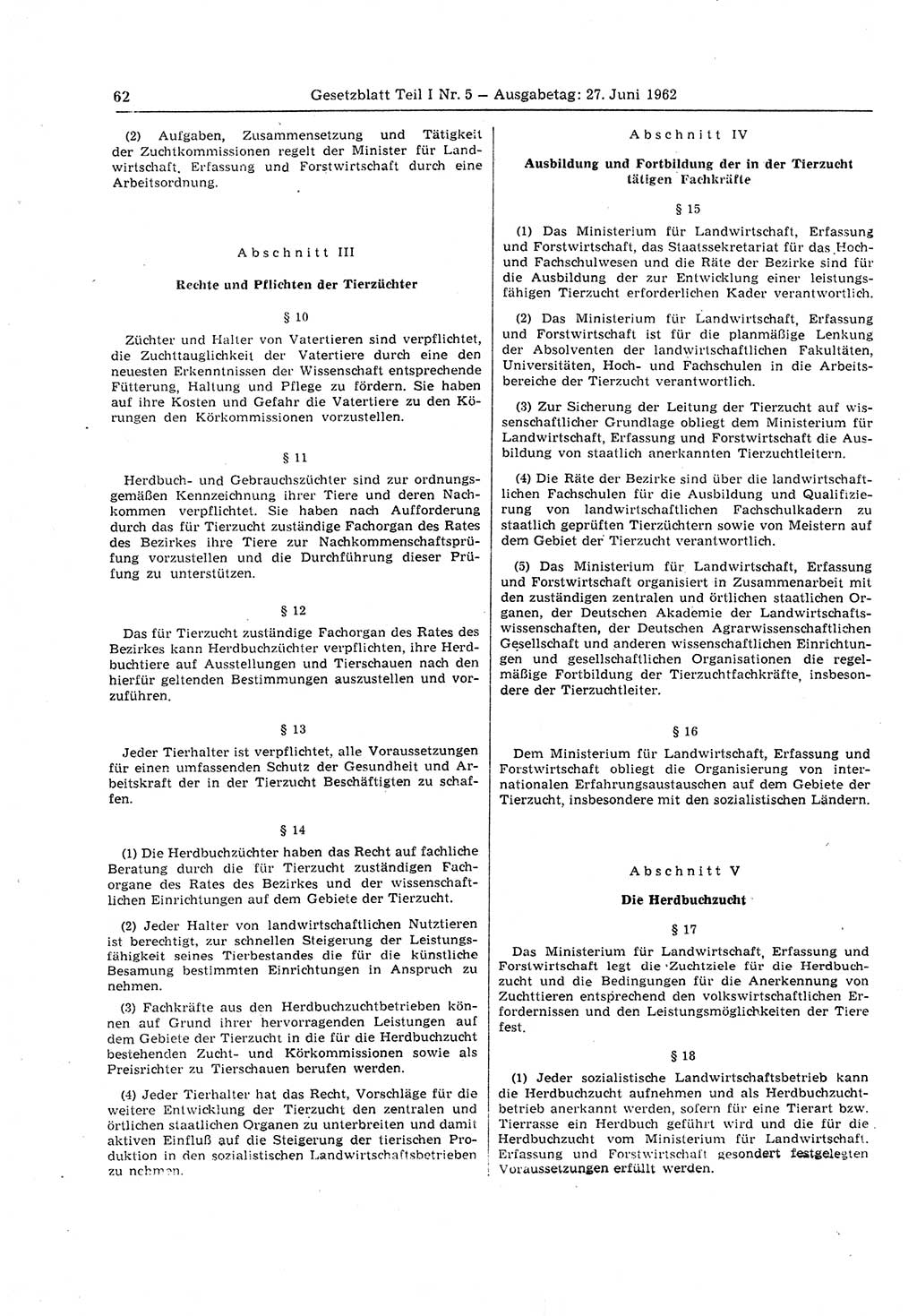 Gesetzblatt (GBl.) der Deutschen Demokratischen Republik (DDR) Teil Ⅰ 1962, Seite 62 (GBl. DDR Ⅰ 1962, S. 62)