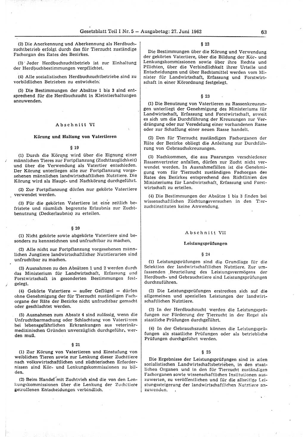 Gesetzblatt (GBl.) der Deutschen Demokratischen Republik (DDR) Teil Ⅰ 1962, Seite 63 (GBl. DDR Ⅰ 1962, S. 63)