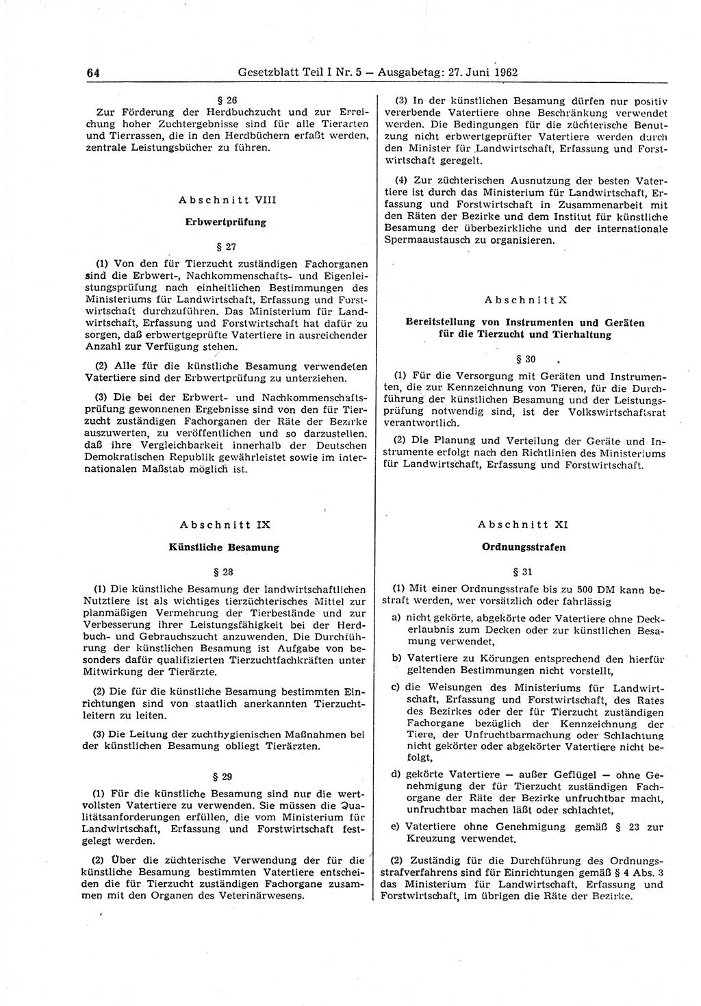 Gesetzblatt (GBl.) der Deutschen Demokratischen Republik (DDR) Teil Ⅰ 1962, Seite 64 (GBl. DDR Ⅰ 1962, S. 64)