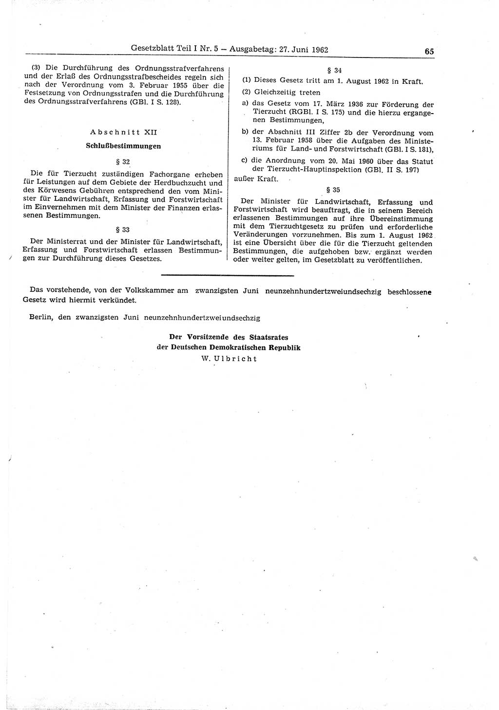 Gesetzblatt (GBl.) der Deutschen Demokratischen Republik (DDR) Teil Ⅰ 1962, Seite 65 (GBl. DDR Ⅰ 1962, S. 65)