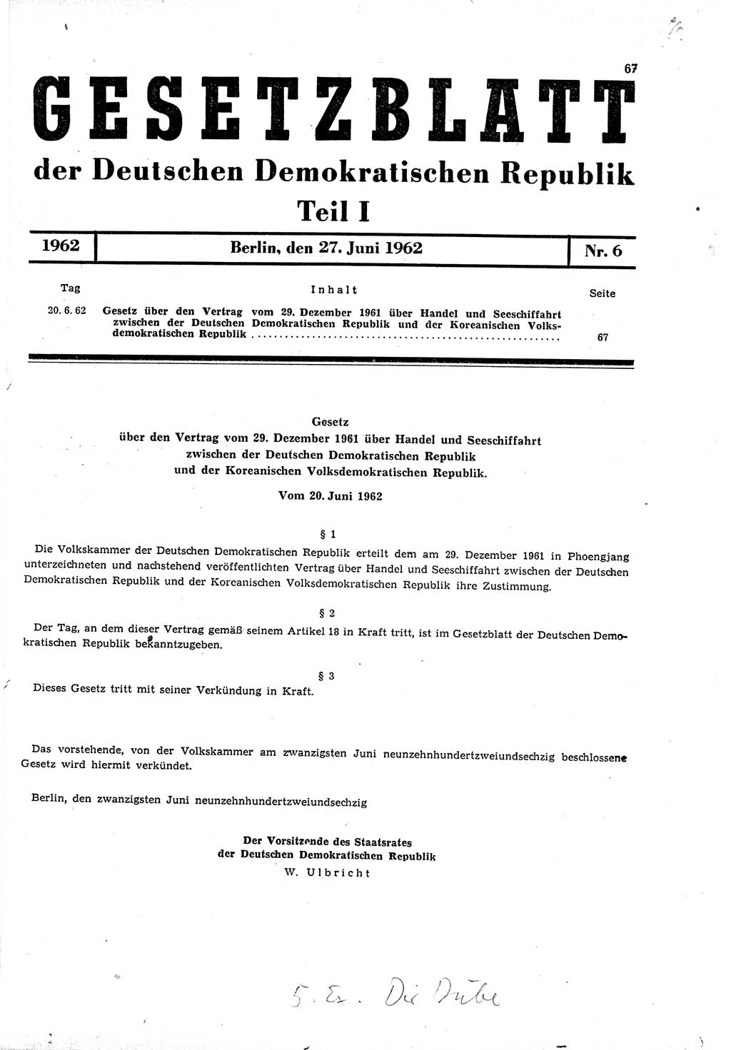 Gesetzblatt (GBl.) der Deutschen Demokratischen Republik (DDR) Teil Ⅰ 1962, Seite 67 (GBl. DDR Ⅰ 1962, S. 67)