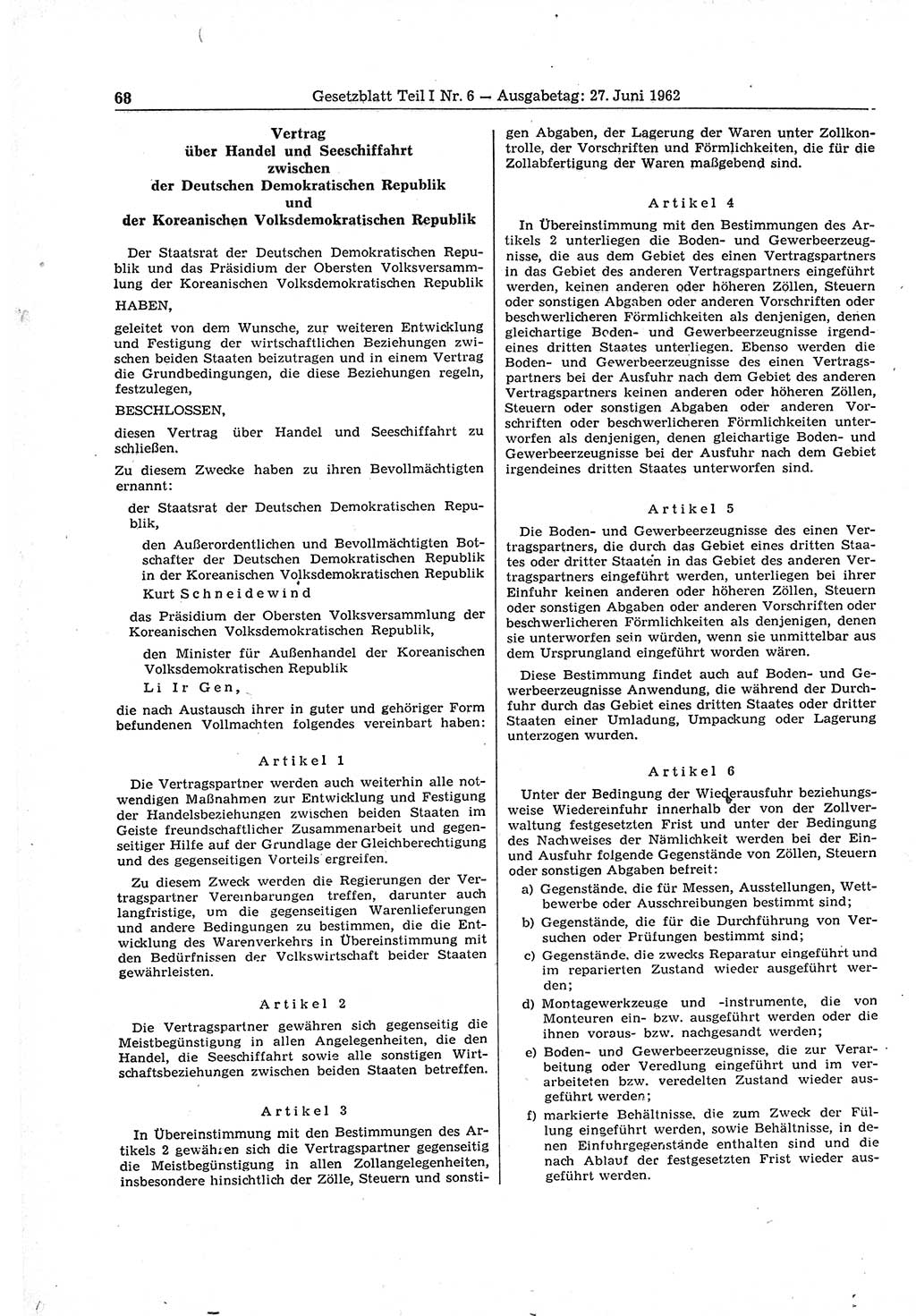 Gesetzblatt (GBl.) der Deutschen Demokratischen Republik (DDR) Teil Ⅰ 1962, Seite 68 (GBl. DDR Ⅰ 1962, S. 68)