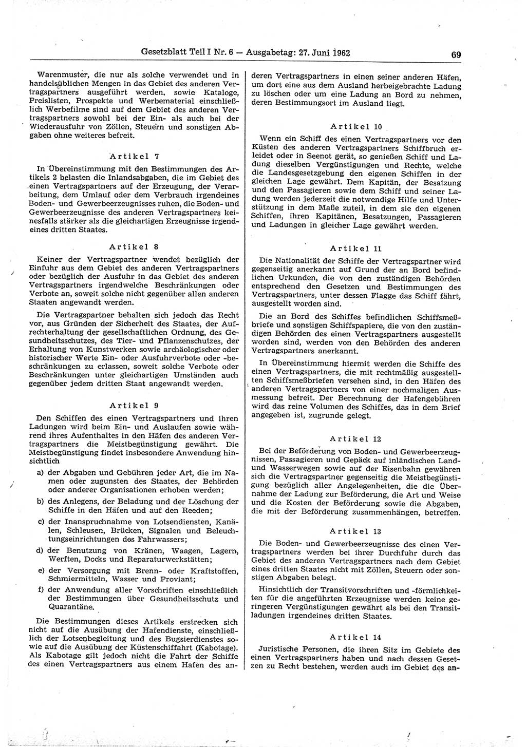 Gesetzblatt (GBl.) der Deutschen Demokratischen Republik (DDR) Teil Ⅰ 1962, Seite 69 (GBl. DDR Ⅰ 1962, S. 69)