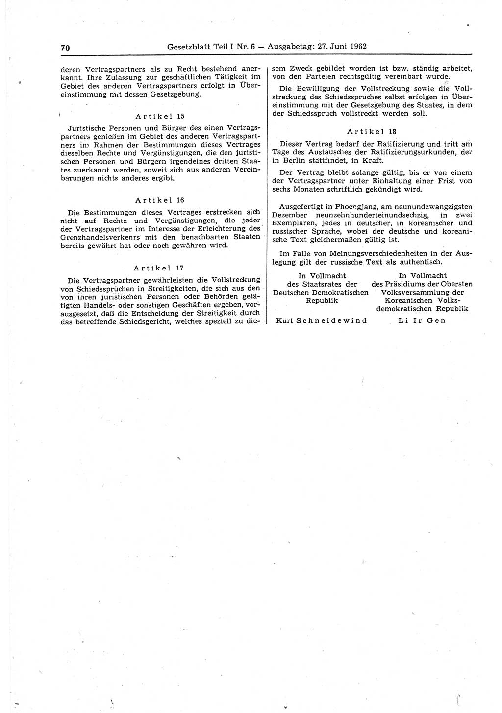 Gesetzblatt (GBl.) der Deutschen Demokratischen Republik (DDR) Teil Ⅰ 1962, Seite 70 (GBl. DDR Ⅰ 1962, S. 70)