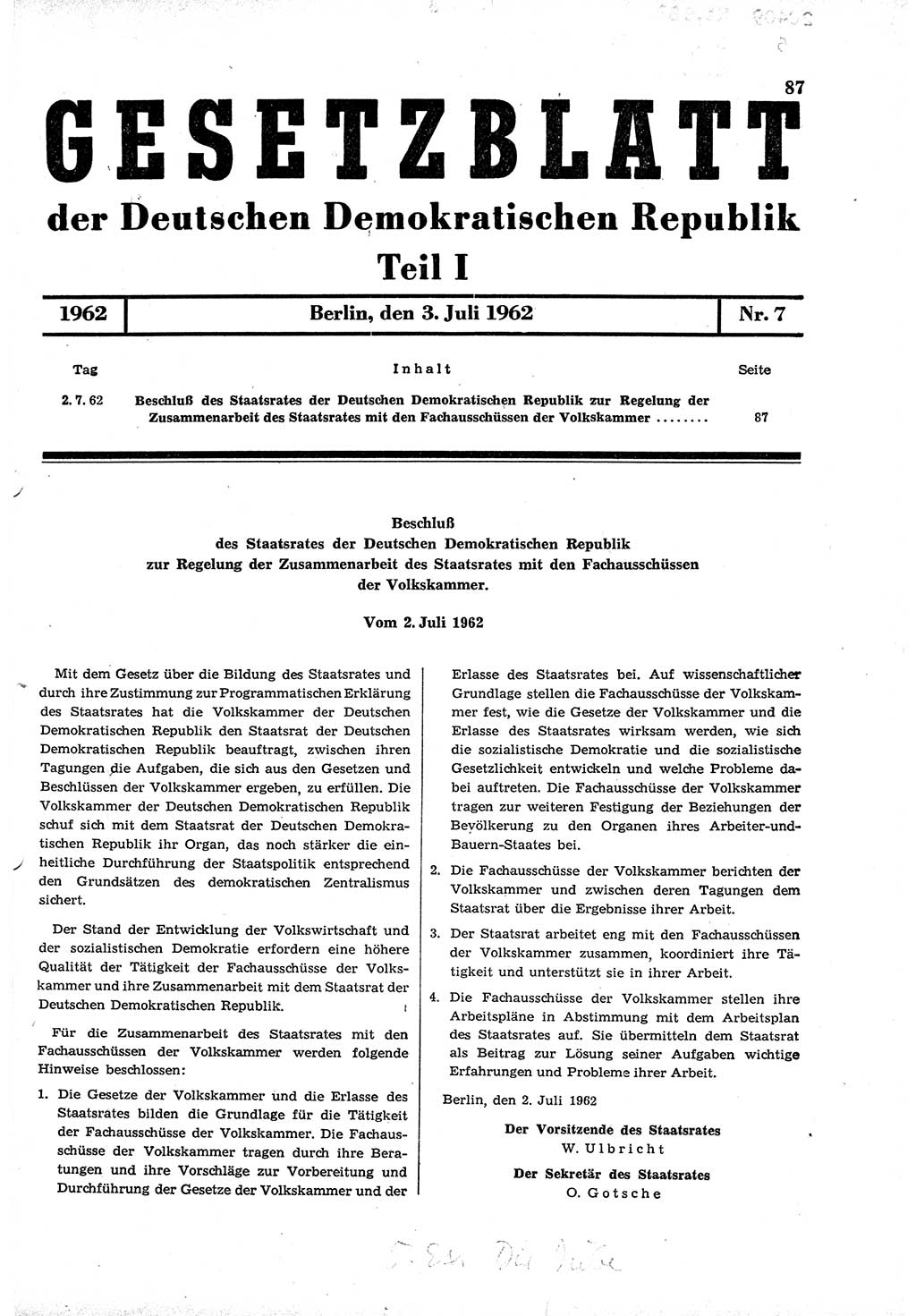 Gesetzblatt (GBl.) der Deutschen Demokratischen Republik (DDR) Teil Ⅰ 1962, Seite 87 (GBl. DDR Ⅰ 1962, S. 87)