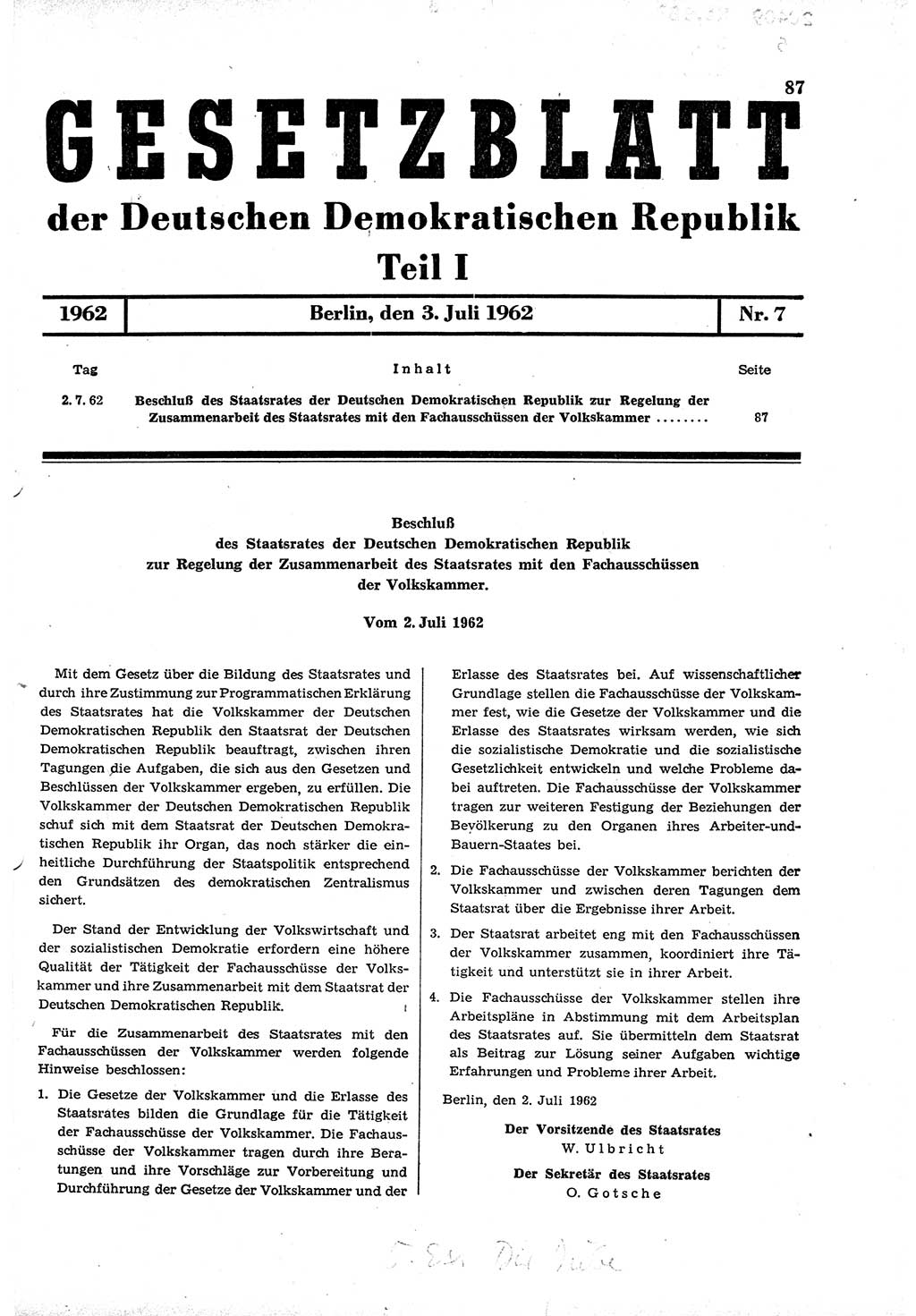 Gesetzblatt (GBl.) der Deutschen Demokratischen Republik (DDR) Teil Ⅰ 1962, Seite 87 (GBl. DDR Ⅰ 1962, S. 87)