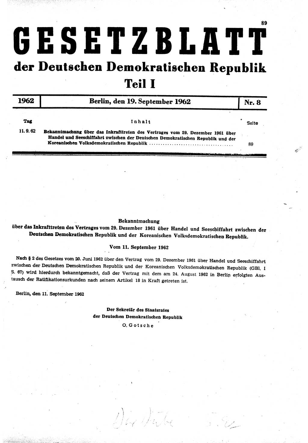 Gesetzblatt (GBl.) der Deutschen Demokratischen Republik (DDR) Teil Ⅰ 1962, Seite 89 (GBl. DDR Ⅰ 1962, S. 89)