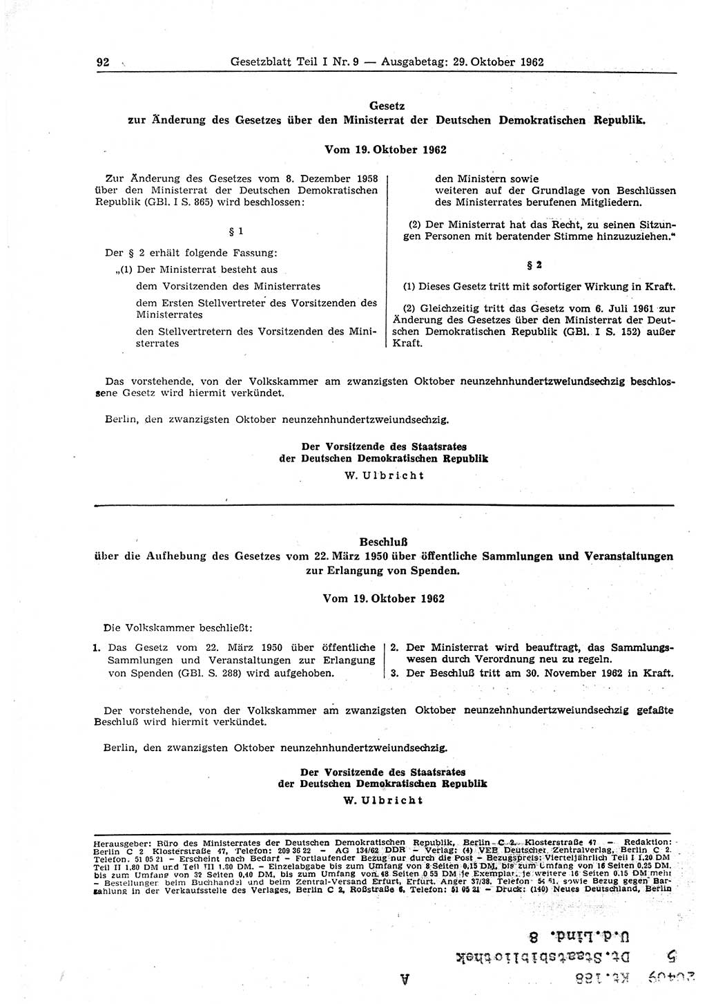 Gesetzblatt (GBl.) der Deutschen Demokratischen Republik (DDR) Teil Ⅰ 1962, Seite 92 (GBl. DDR Ⅰ 1962, S. 92)