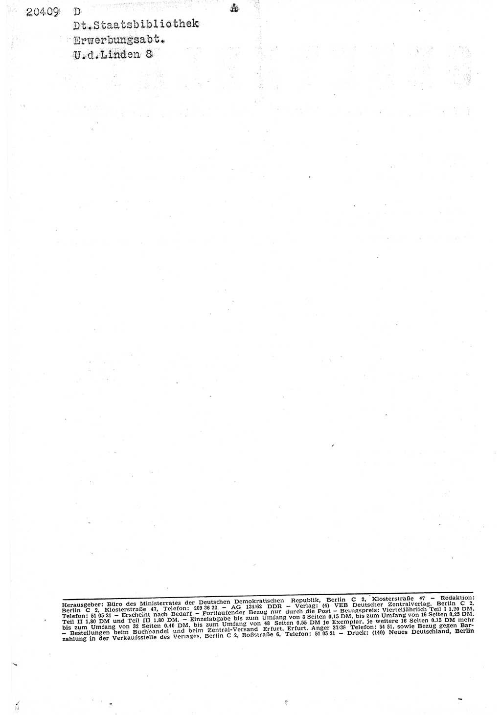 Gesetzblatt (GBl.) der Deutschen Demokratischen Republik (DDR) Teil Ⅰ 1962, Seite 94 (GBl. DDR Ⅰ 1962, S. 94)