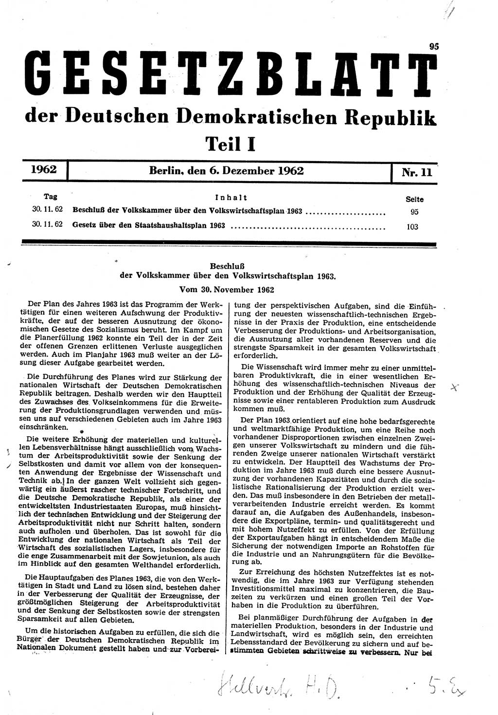 Gesetzblatt (GBl.) der Deutschen Demokratischen Republik (DDR) Teil Ⅰ 1962, Seite 95 (GBl. DDR Ⅰ 1962, S. 95)