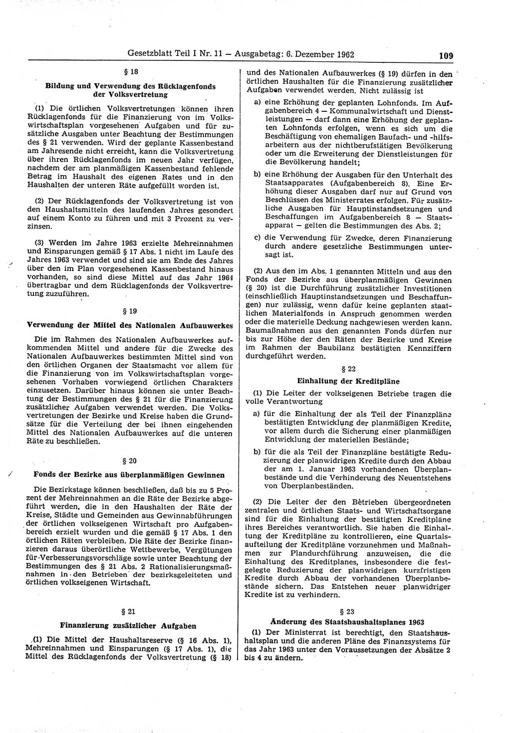 Gesetzblatt (GBl.) der Deutschen Demokratischen Republik (DDR) Teil Ⅰ 1962, Seite 109 (GBl. DDR Ⅰ 1962, S. 109)