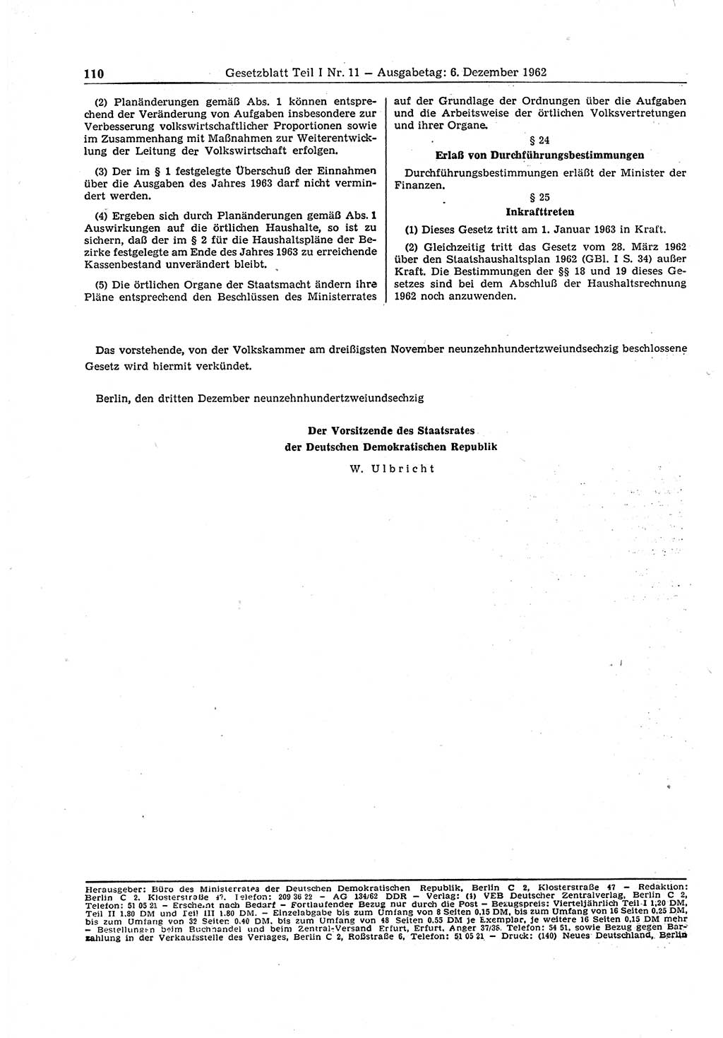 Gesetzblatt (GBl.) der Deutschen Demokratischen Republik (DDR) Teil Ⅰ 1962, Seite 110 (GBl. DDR Ⅰ 1962, S. 110)