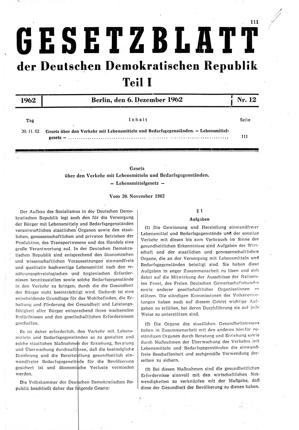 Gesetzblatt (GBl.) der Deutschen Demokratischen Republik (DDR) Teil â… 1962, Seite 111 (GBl. DDR â… 1962, S. 111)