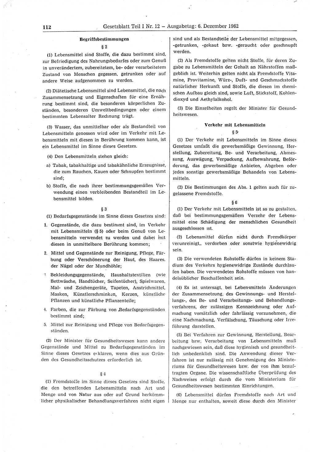 Gesetzblatt (GBl.) der Deutschen Demokratischen Republik (DDR) Teil Ⅰ 1962, Seite 112 (GBl. DDR Ⅰ 1962, S. 112)