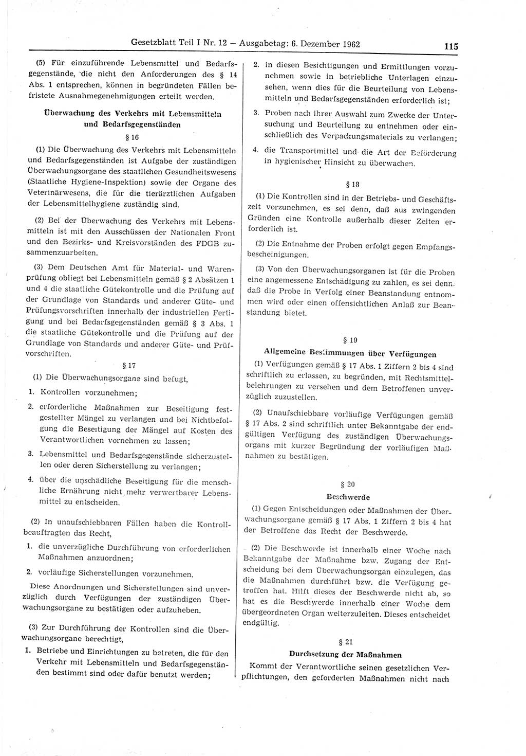 Gesetzblatt (GBl.) der Deutschen Demokratischen Republik (DDR) Teil Ⅰ 1962, Seite 115 (GBl. DDR Ⅰ 1962, S. 115)