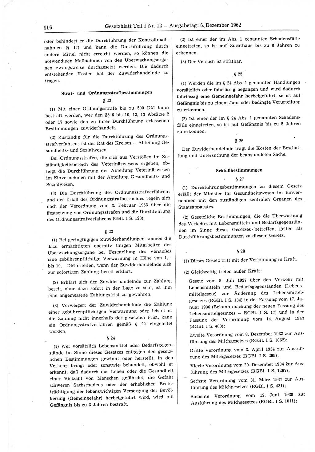 Gesetzblatt (GBl.) der Deutschen Demokratischen Republik (DDR) Teil Ⅰ 1962, Seite 116 (GBl. DDR Ⅰ 1962, S. 116)