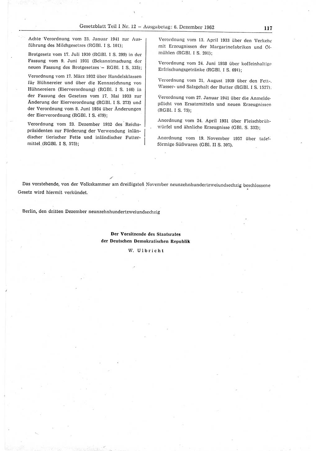 Gesetzblatt (GBl.) der Deutschen Demokratischen Republik (DDR) Teil Ⅰ 1962, Seite 117 (GBl. DDR Ⅰ 1962, S. 117)