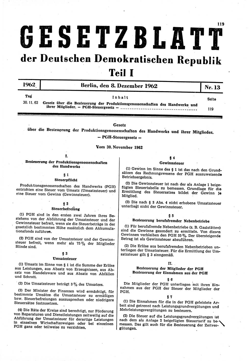Gesetzblatt (GBl.) der Deutschen Demokratischen Republik (DDR) Teil Ⅰ 1962, Seite 119 (GBl. DDR Ⅰ 1962, S. 119)