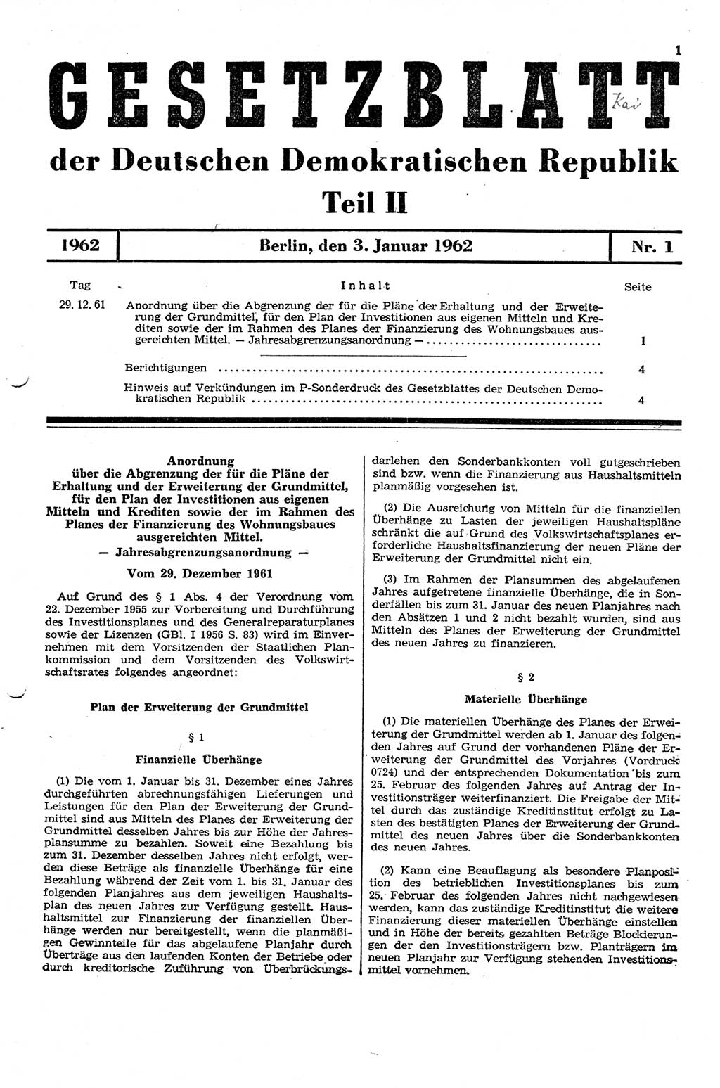 Gesetzblatt (GBl.) der Deutschen Demokratischen Republik (DDR) Teil ⅠⅠ 1962, Seite 1 (GBl. DDR ⅠⅠ 1962, S. 1)