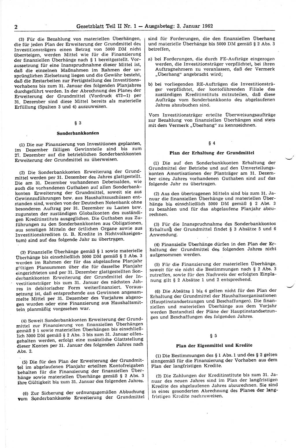 Gesetzblatt (GBl.) der Deutschen Demokratischen Republik (DDR) Teil ⅠⅠ 1962, Seite 2 (GBl. DDR ⅠⅠ 1962, S. 2)