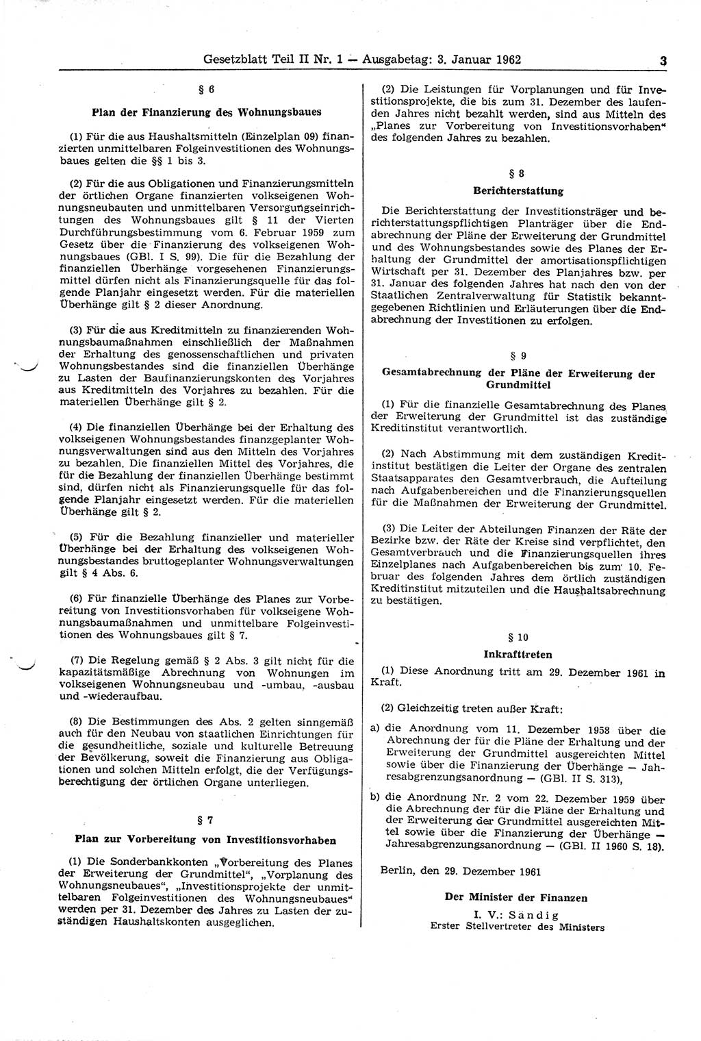 Gesetzblatt (GBl.) der Deutschen Demokratischen Republik (DDR) Teil ⅠⅠ 1962, Seite 3 (GBl. DDR ⅠⅠ 1962, S. 3)