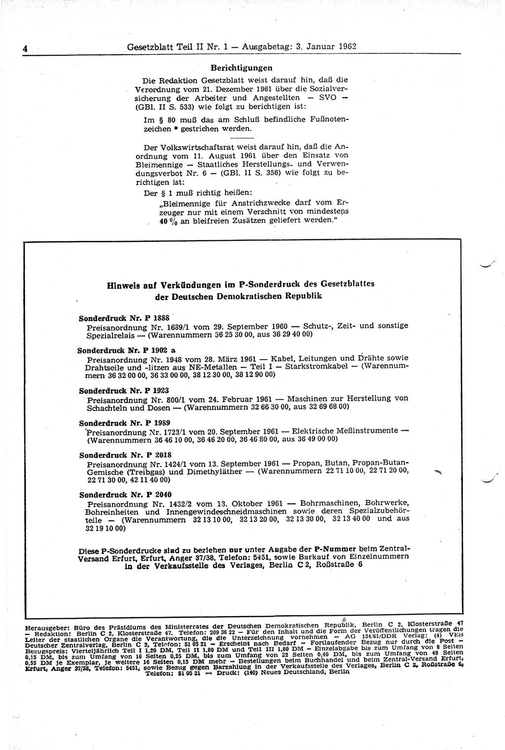 Gesetzblatt (GBl.) der Deutschen Demokratischen Republik (DDR) Teil ⅠⅠ 1962, Seite 4 (GBl. DDR ⅠⅠ 1962, S. 4)