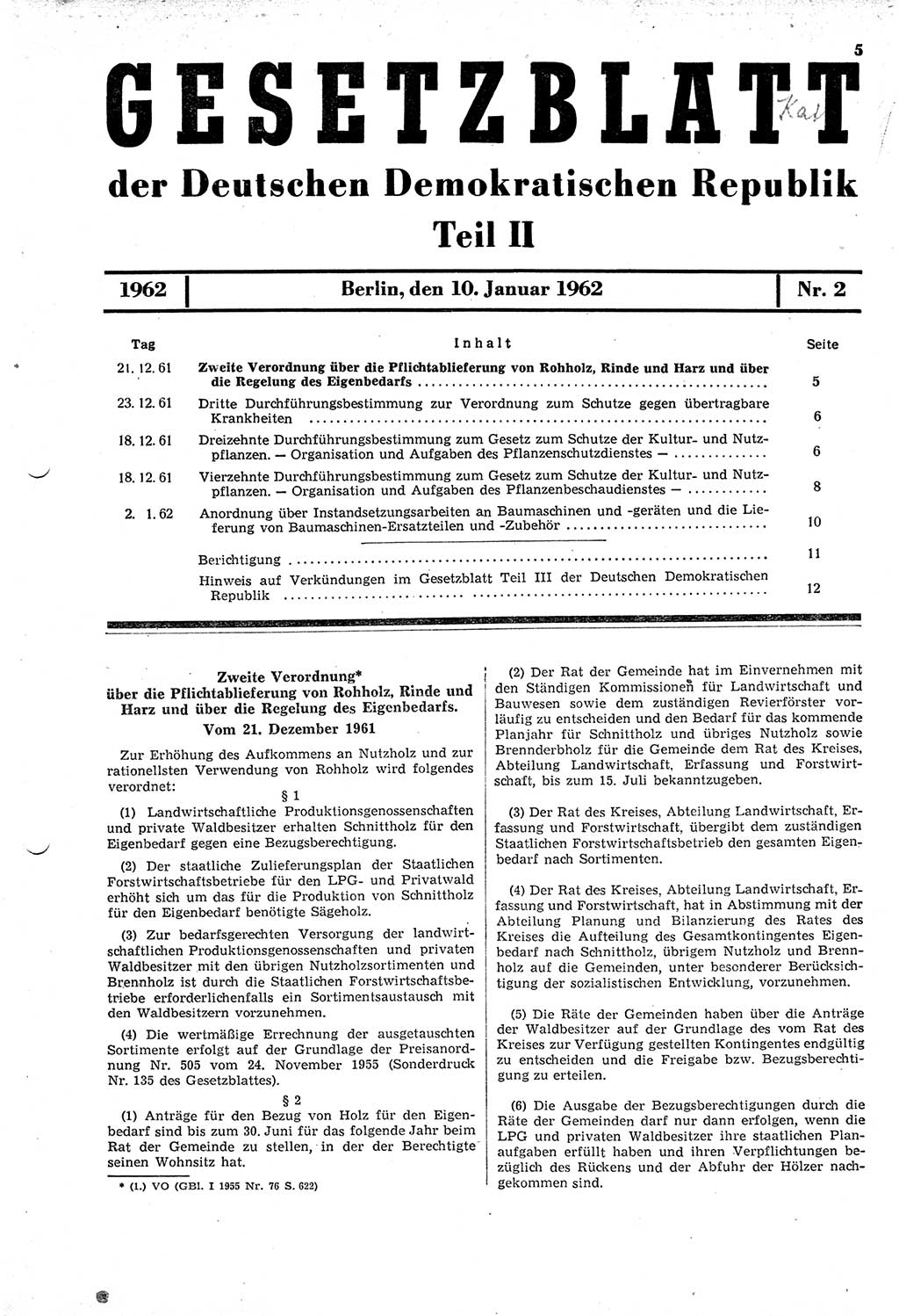Gesetzblatt (GBl.) der Deutschen Demokratischen Republik (DDR) Teil â… â… 1962, Seite 5 (GBl. DDR â… â… 1962, S. 5)