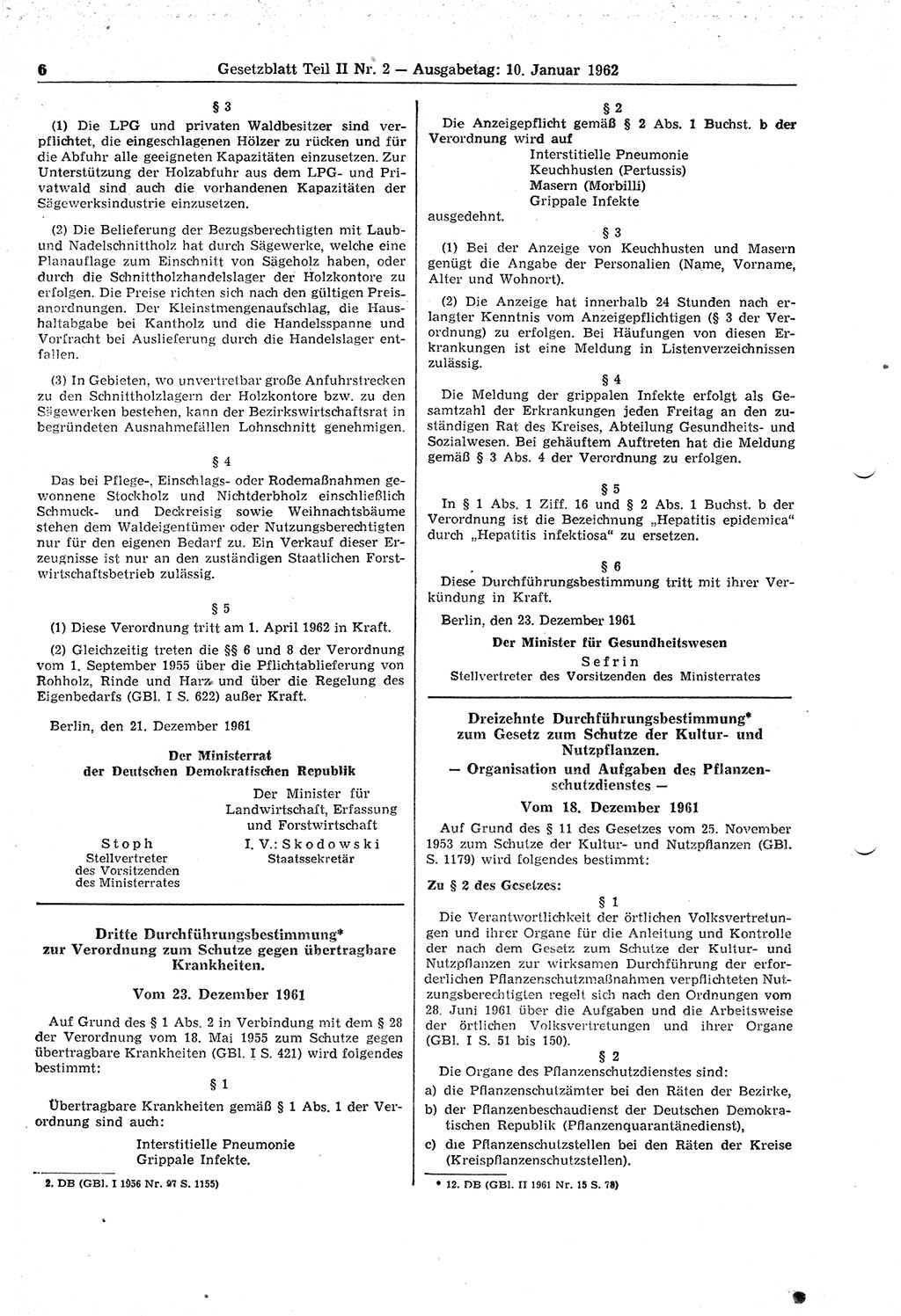 Gesetzblatt (GBl.) der Deutschen Demokratischen Republik (DDR) Teil ⅠⅠ 1962, Seite 6 (GBl. DDR ⅠⅠ 1962, S. 6)
