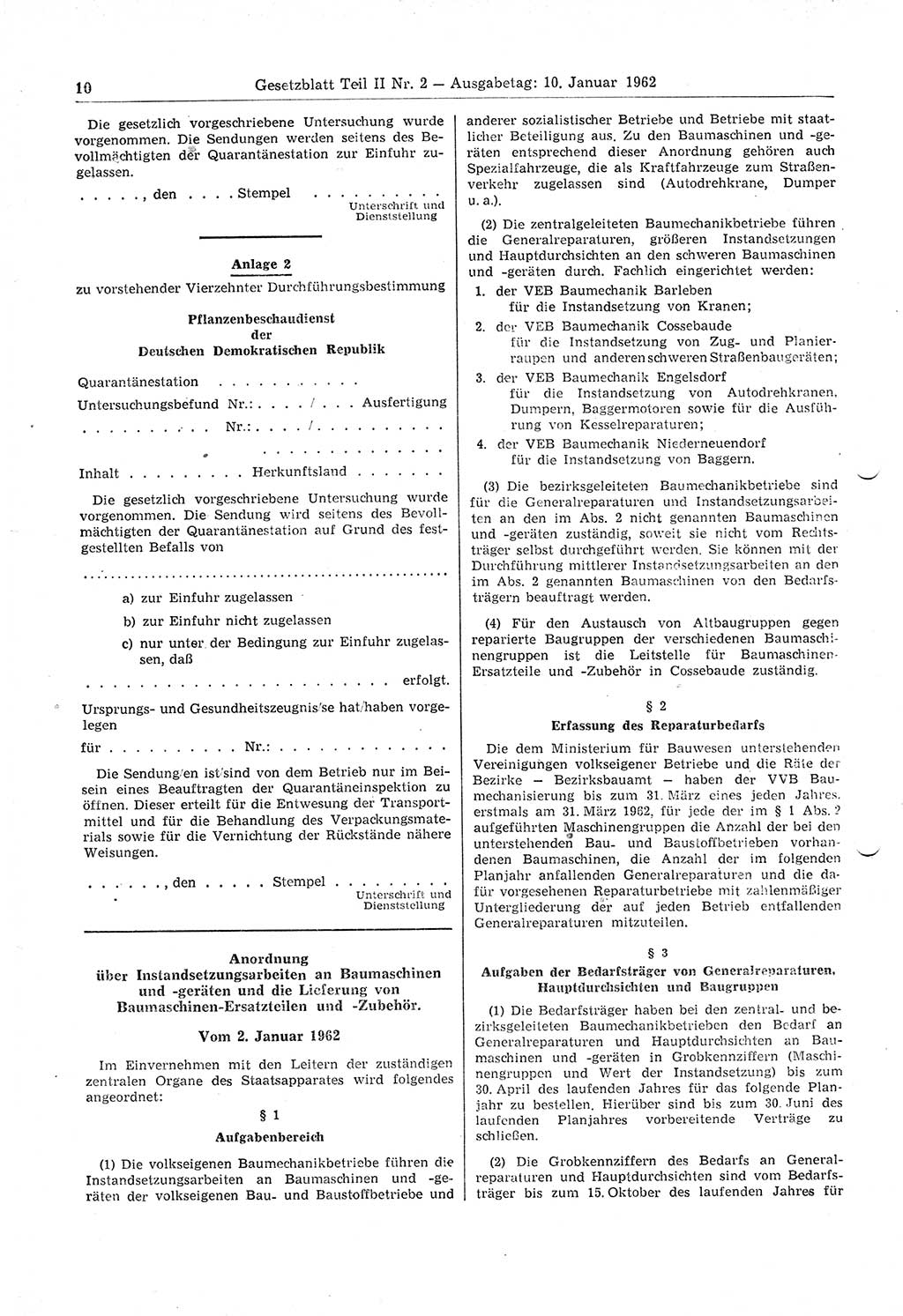 Gesetzblatt (GBl.) der Deutschen Demokratischen Republik (DDR) Teil ⅠⅠ 1962, Seite 10 (GBl. DDR ⅠⅠ 1962, S. 10)
