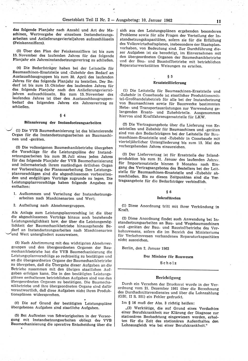 Gesetzblatt (GBl.) der Deutschen Demokratischen Republik (DDR) Teil ⅠⅠ 1962, Seite 11 (GBl. DDR ⅠⅠ 1962, S. 11)