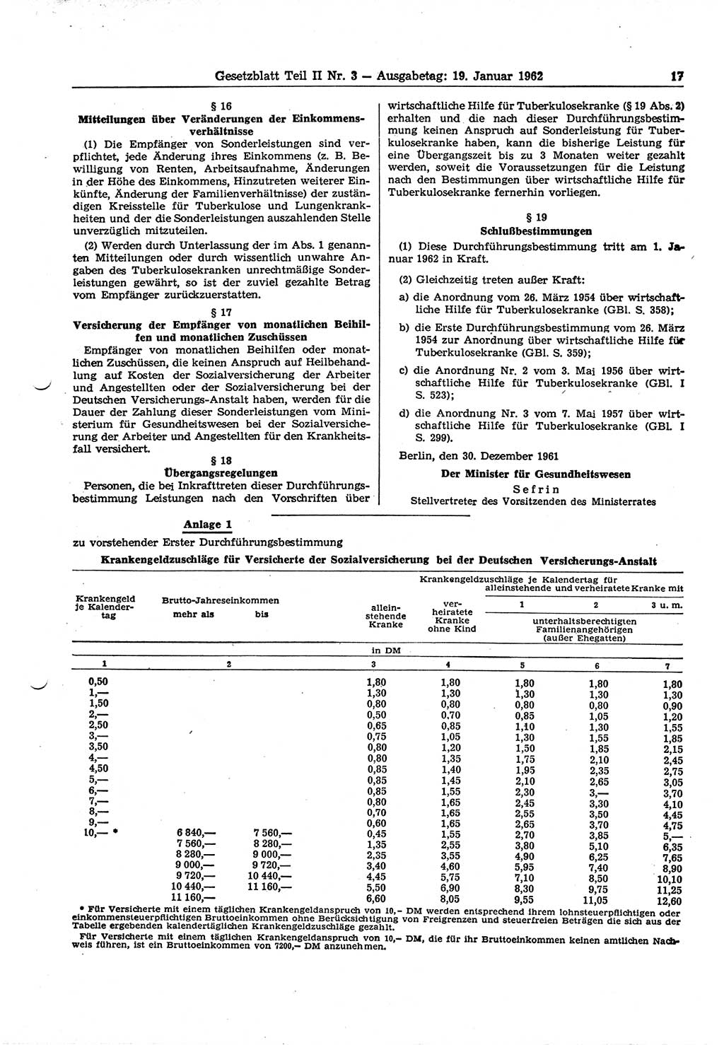 Gesetzblatt (GBl.) der Deutschen Demokratischen Republik (DDR) Teil ⅠⅠ 1962, Seite 17 (GBl. DDR ⅠⅠ 1962, S. 17)