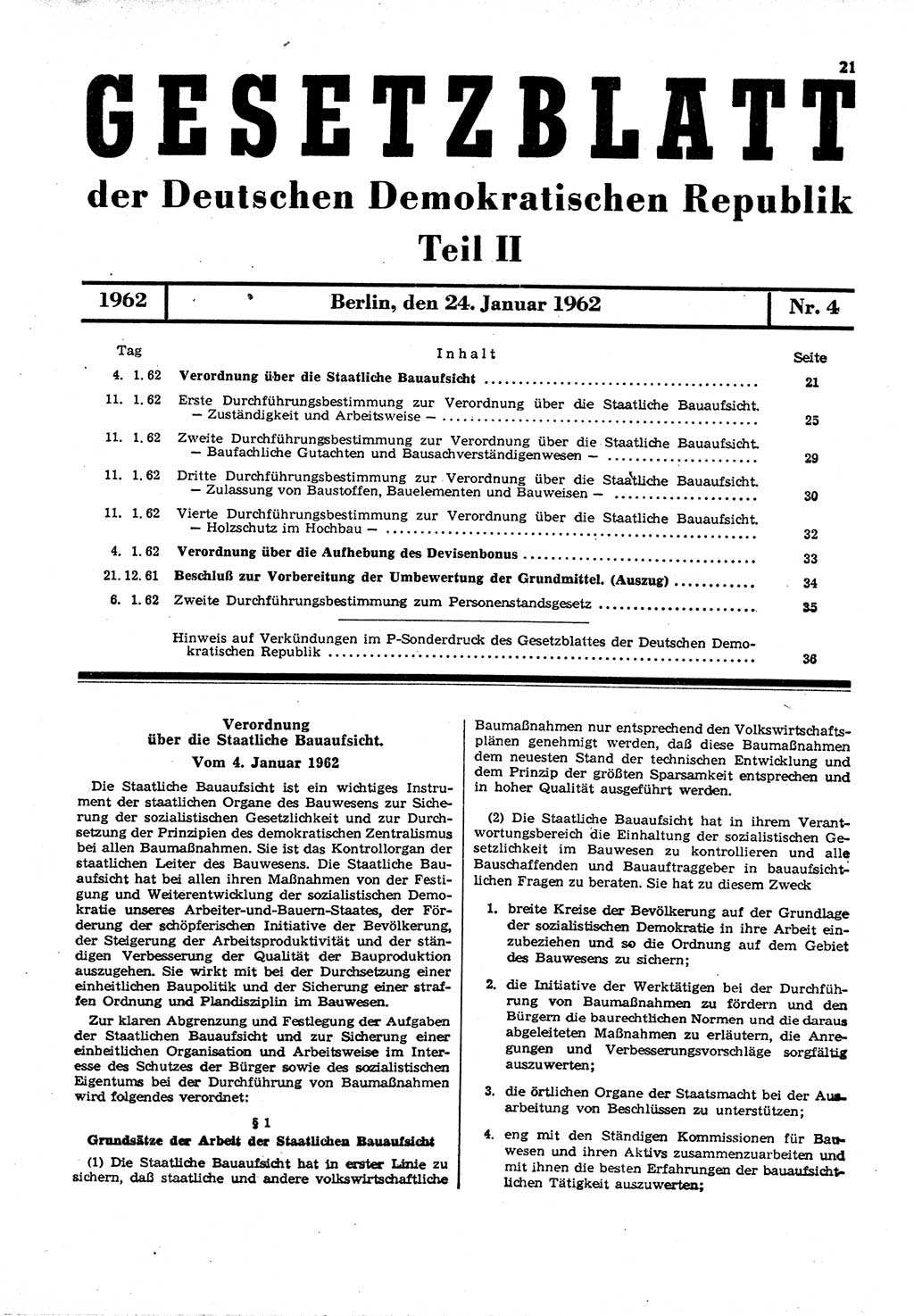 Gesetzblatt (GBl.) der Deutschen Demokratischen Republik (DDR) Teil ⅠⅠ 1962, Seite 21 (GBl. DDR ⅠⅠ 1962, S. 21)