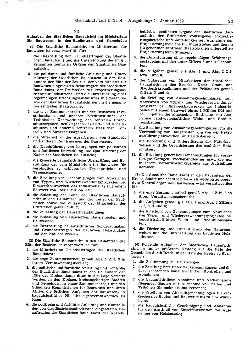 Gesetzblatt (GBl.) der Deutschen Demokratischen Republik (DDR) Teil ⅠⅠ 1962, Seite 23 (GBl. DDR ⅠⅠ 1962, S. 23)