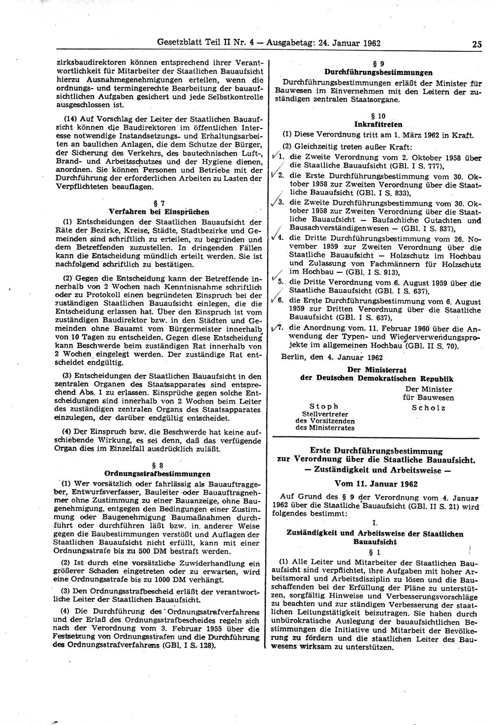 Gesetzblatt (GBl.) der Deutschen Demokratischen Republik (DDR) Teil ⅠⅠ 1962, Seite 25 (GBl. DDR ⅠⅠ 1962, S. 25)