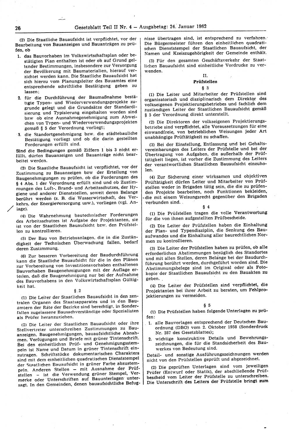 Gesetzblatt (GBl.) der Deutschen Demokratischen Republik (DDR) Teil ⅠⅠ 1962, Seite 26 (GBl. DDR ⅠⅠ 1962, S. 26)