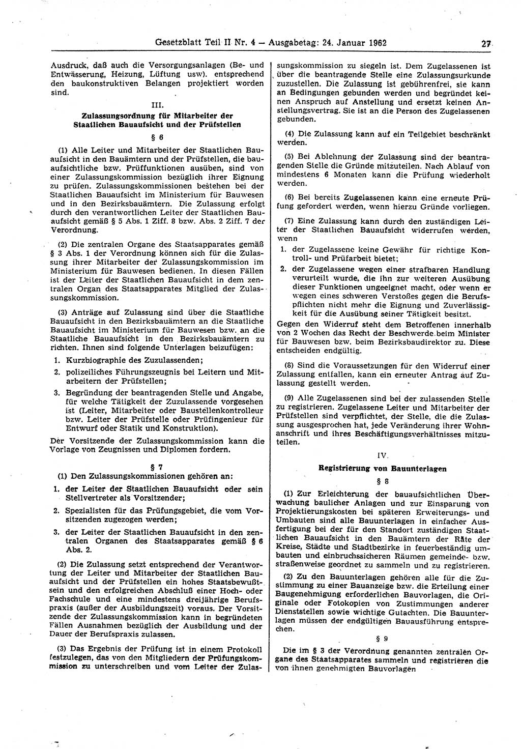 Gesetzblatt (GBl.) der Deutschen Demokratischen Republik (DDR) Teil ⅠⅠ 1962, Seite 27 (GBl. DDR ⅠⅠ 1962, S. 27)
