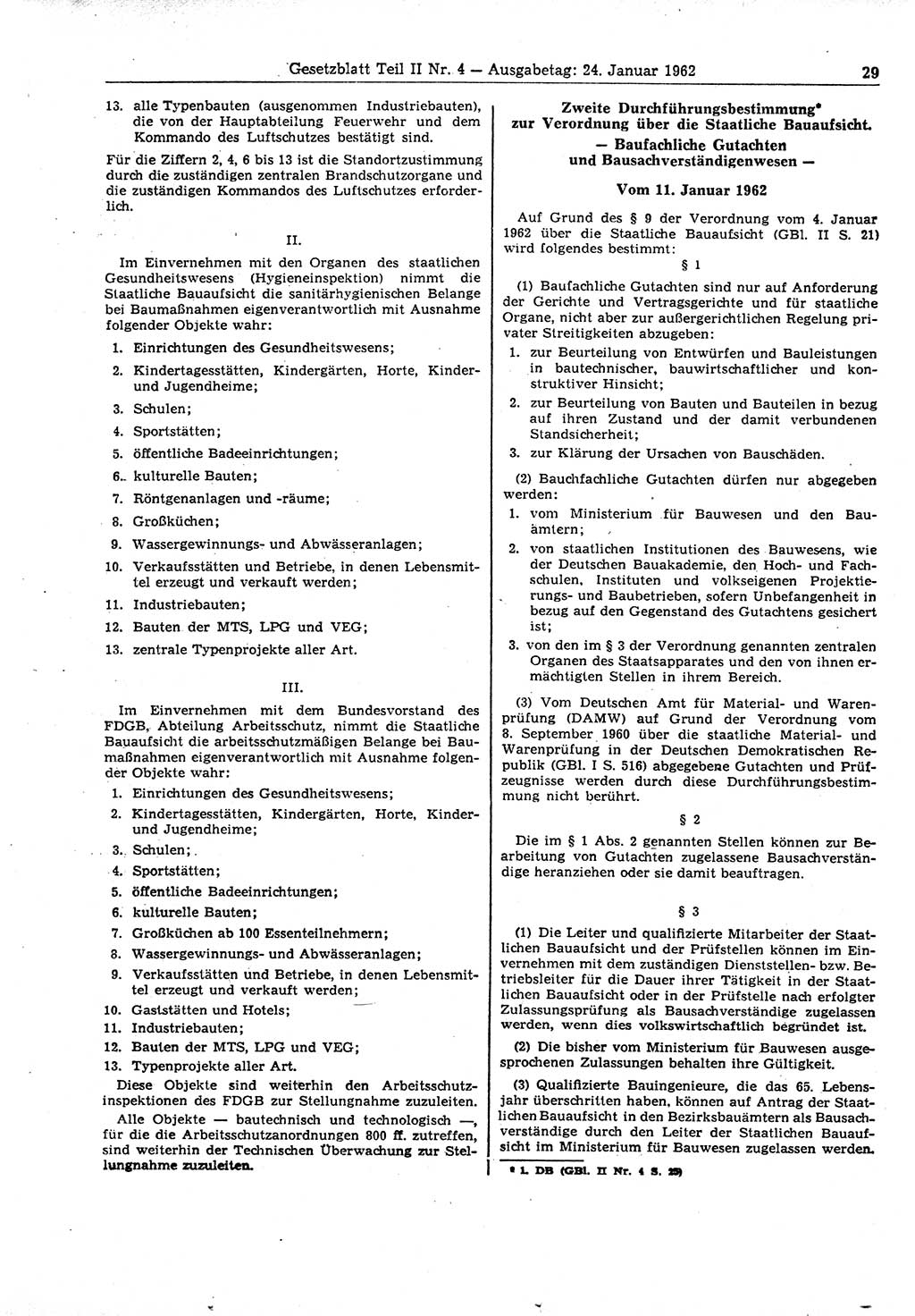 Gesetzblatt (GBl.) der Deutschen Demokratischen Republik (DDR) Teil ⅠⅠ 1962, Seite 29 (GBl. DDR ⅠⅠ 1962, S. 29)