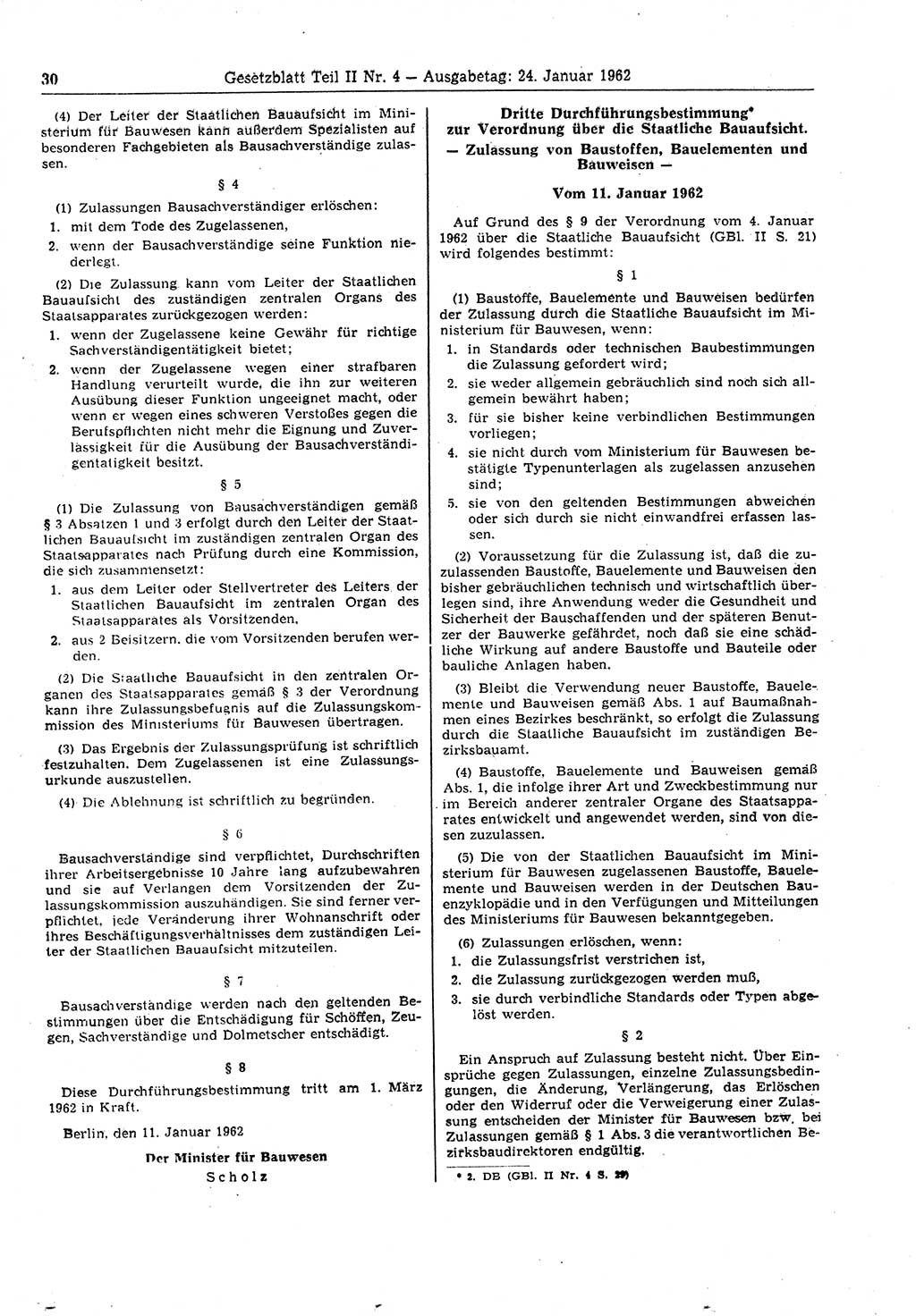 Gesetzblatt (GBl.) der Deutschen Demokratischen Republik (DDR) Teil ⅠⅠ 1962, Seite 30 (GBl. DDR ⅠⅠ 1962, S. 30)