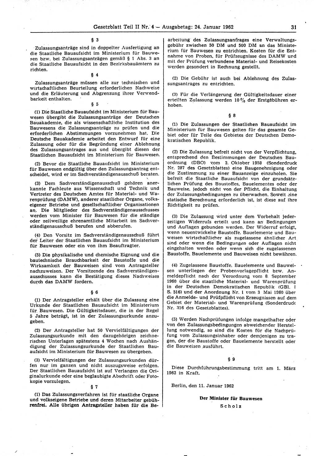 Gesetzblatt (GBl.) der Deutschen Demokratischen Republik (DDR) Teil ⅠⅠ 1962, Seite 31 (GBl. DDR ⅠⅠ 1962, S. 31)