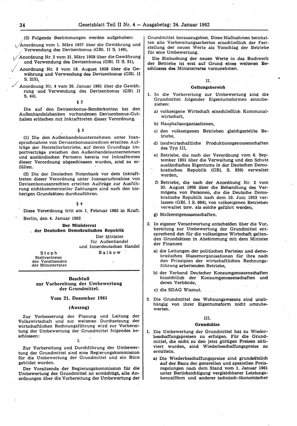 Gesetzblatt (GBl.) der Deutschen Demokratischen Republik (DDR) Teil ⅠⅠ 1962, Seite 34 (GBl. DDR ⅠⅠ 1962, S. 34)