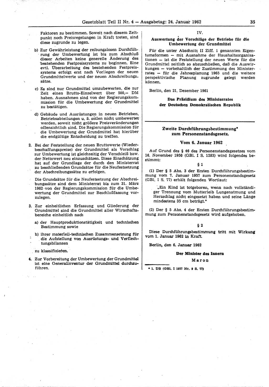 Gesetzblatt (GBl.) der Deutschen Demokratischen Republik (DDR) Teil ⅠⅠ 1962, Seite 35 (GBl. DDR ⅠⅠ 1962, S. 35)