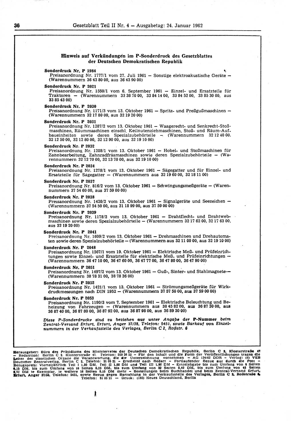 Gesetzblatt (GBl.) der Deutschen Demokratischen Republik (DDR) Teil ⅠⅠ 1962, Seite 36 (GBl. DDR ⅠⅠ 1962, S. 36)