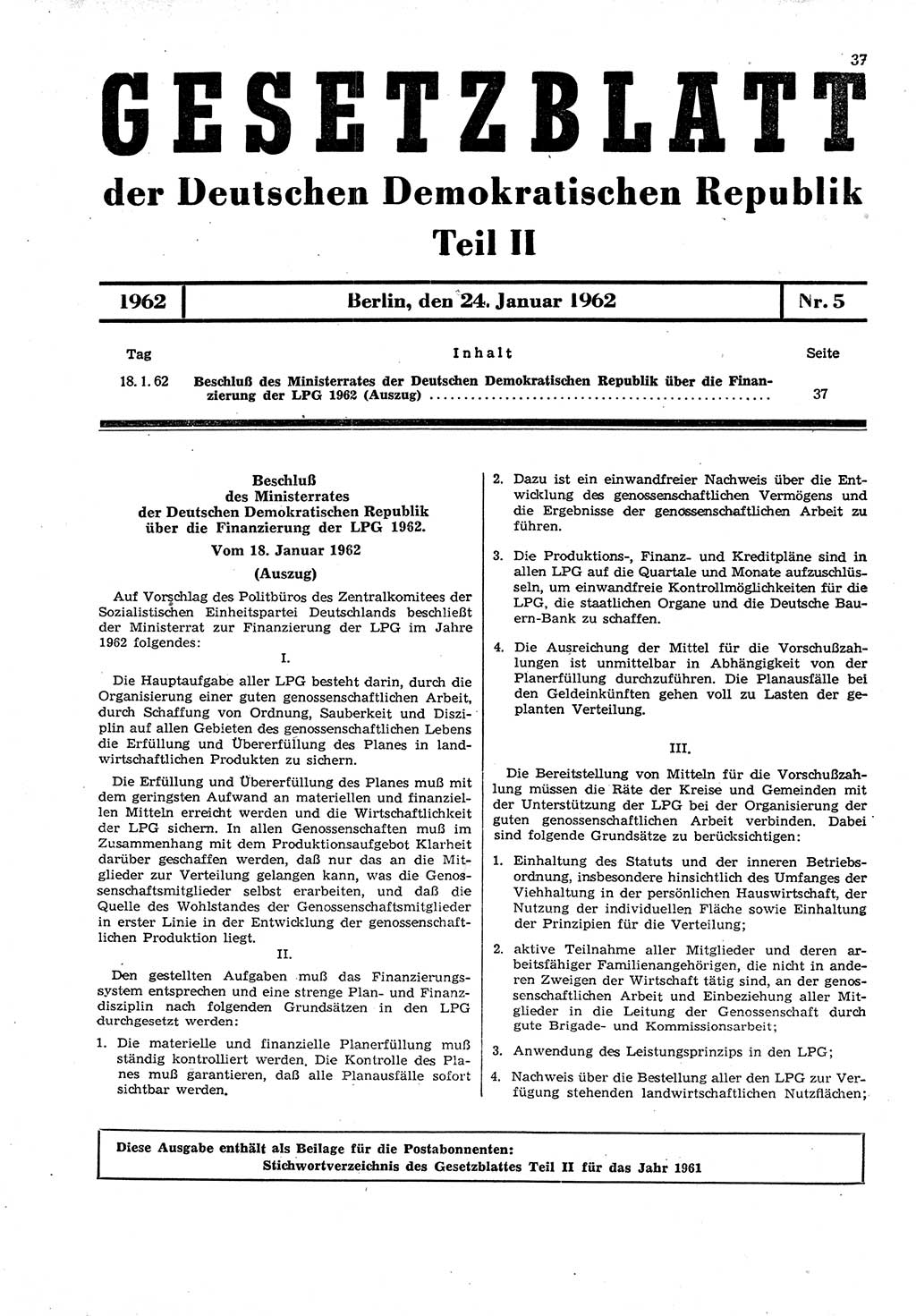 Gesetzblatt (GBl.) der Deutschen Demokratischen Republik (DDR) Teil ⅠⅠ 1962, Seite 37 (GBl. DDR ⅠⅠ 1962, S. 37)