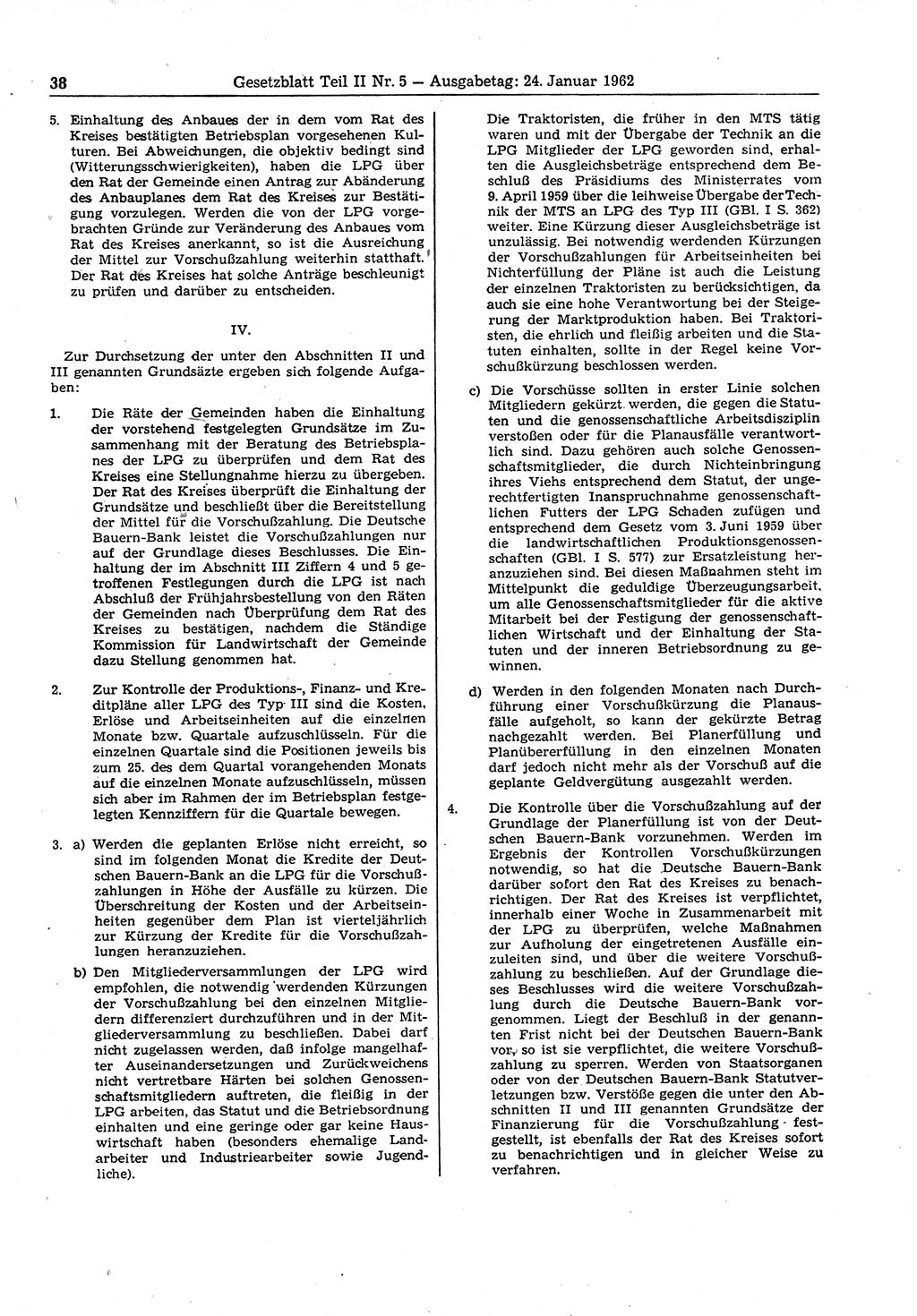 Gesetzblatt (GBl.) der Deutschen Demokratischen Republik (DDR) Teil ⅠⅠ 1962, Seite 38 (GBl. DDR ⅠⅠ 1962, S. 38)