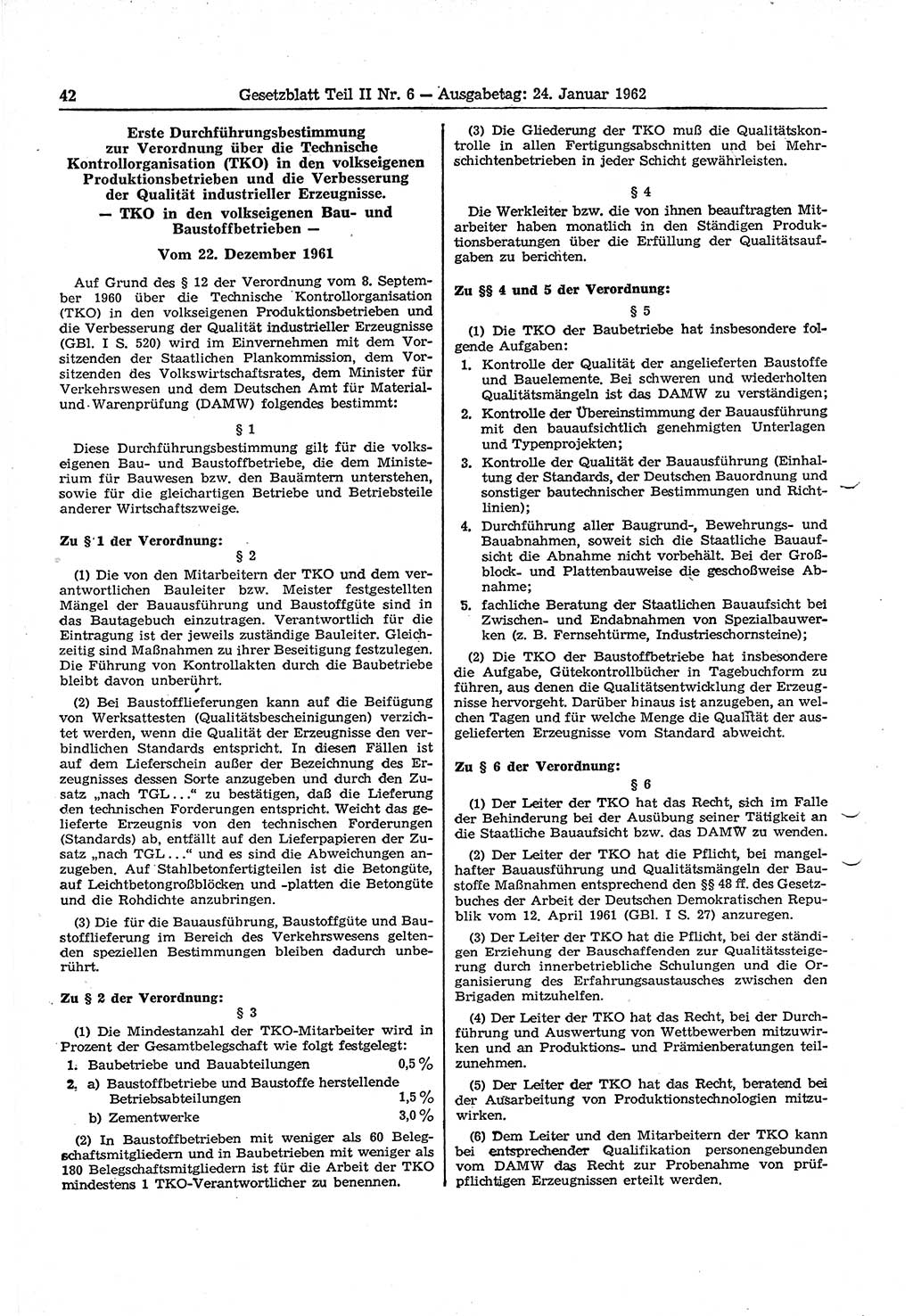 Gesetzblatt (GBl.) der Deutschen Demokratischen Republik (DDR) Teil ⅠⅠ 1962, Seite 42 (GBl. DDR ⅠⅠ 1962, S. 42)