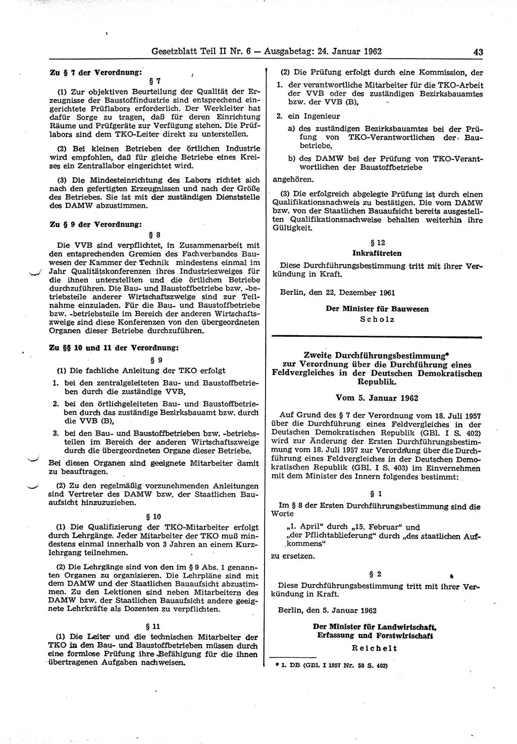 Gesetzblatt (GBl.) der Deutschen Demokratischen Republik (DDR) Teil ⅠⅠ 1962, Seite 43 (GBl. DDR ⅠⅠ 1962, S. 43)